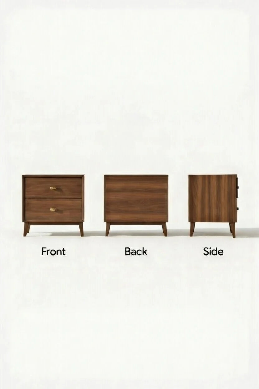 Wooden dresser shown from front, back, and side views on a white background