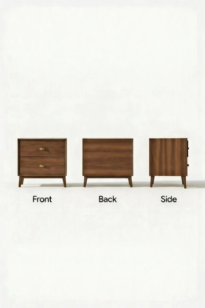 Wooden dresser shown from front, back, and side views on a white background