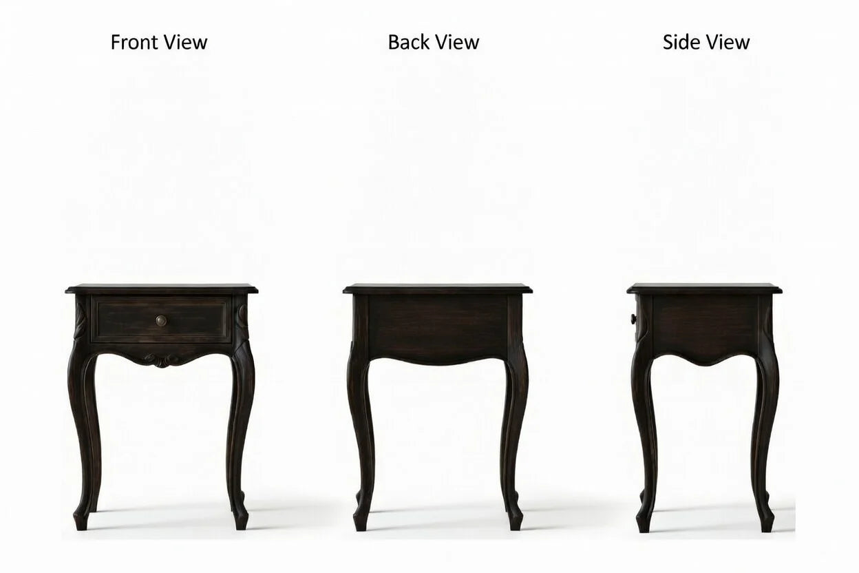 French country carved nightstand multi view, solid wood bedside table in traditional provincial style