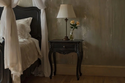 French Provincial carved wood bedside table, classic luxury nightstand matching four poster canopy bed