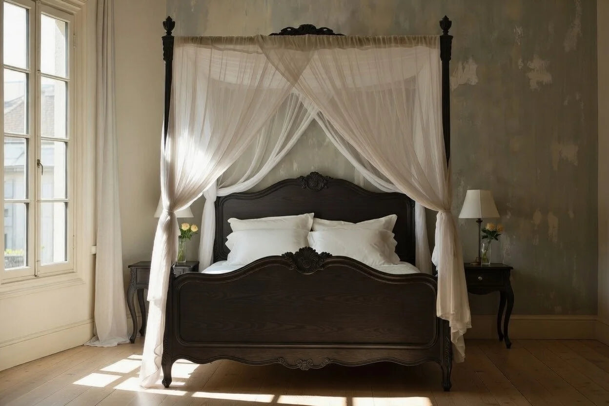 Luxury French Provincial four poster canopy bed king size with curtains, solid wood Louis XV style poster bed in elegant bedroom