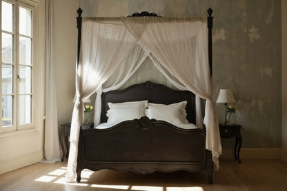 Luxury French Provincial four poster canopy bed king size with curtains, solid wood Louis XV style poster bed in elegant bedroom