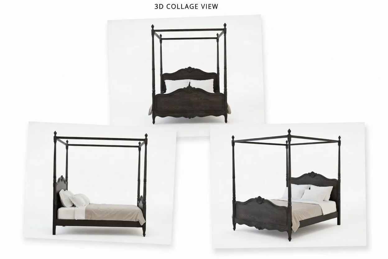 French Provincial four poster canopy bed multi view, luxury solid wood poster bed frame showing design details