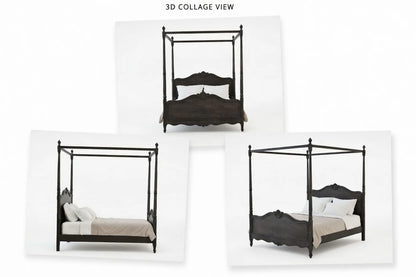 French Provincial four poster canopy bed multi view, luxury solid wood poster bed frame showing design details