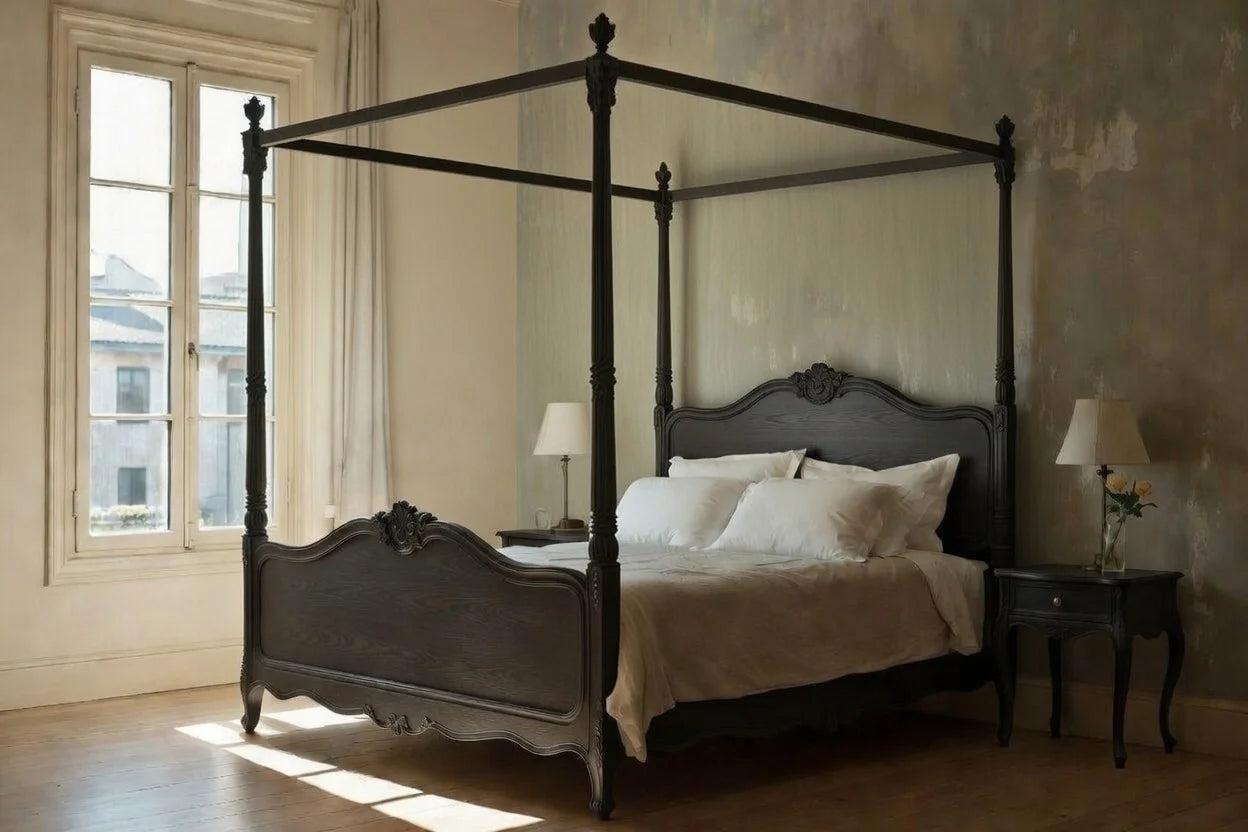 Solid wood four poster canopy bed without curtains, French Provincial king size poster bed frame in classic style