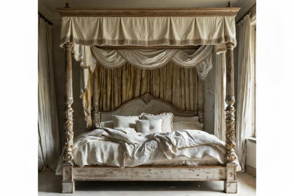 Antique white four poster canopy bed with curtains, French Provincial style king size luxury bedroom bed