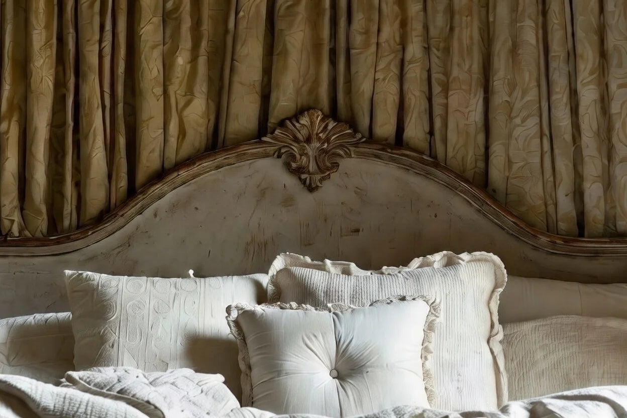 Carved wooden headboard detail of antique white four poster canopy bed in French Provincial style