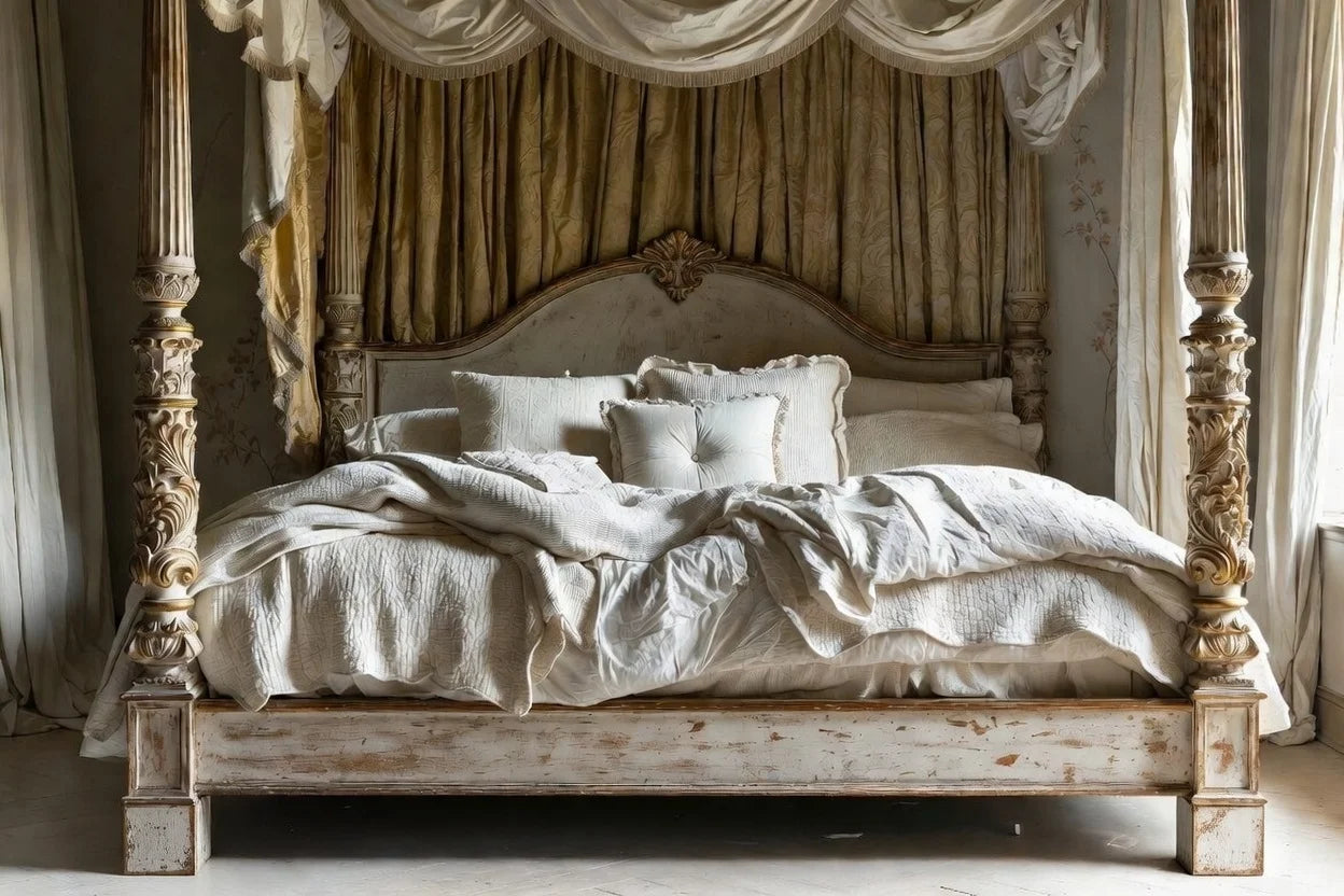 Vintage four-poster bed with ornate headboard and draped curtains in a bedroom setting.