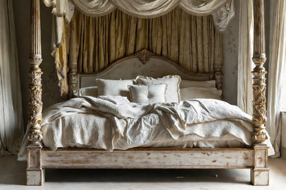 Vintage four-poster bed with ornate headboard and draped curtains in a bedroom setting.