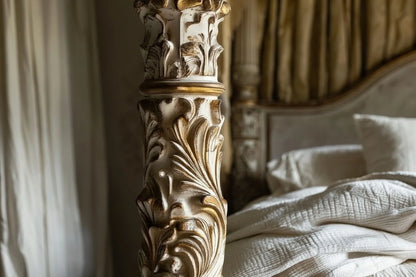 Hand carved canopy bed post with floral detailing on antique white French Provincial four poster bed