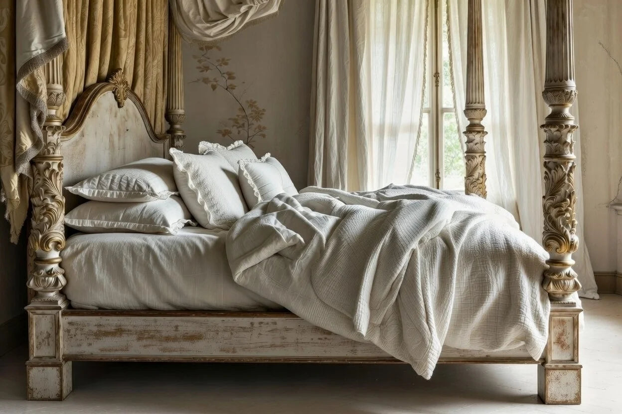 Antique white four poster canopy bed in elegant bedroom setting, classic French Provincial style king bed