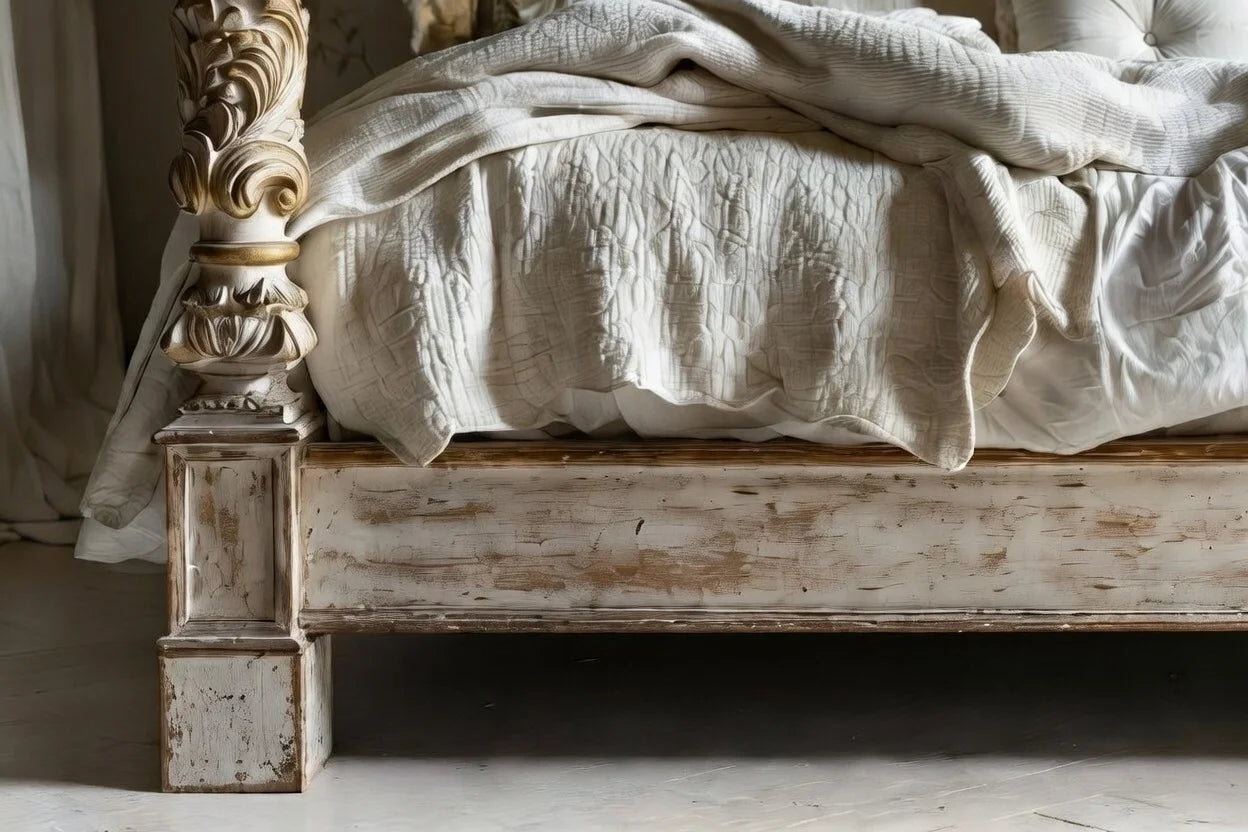 Distressed antique white wooden footboard of luxury four poster canopy bed in French Provincial style