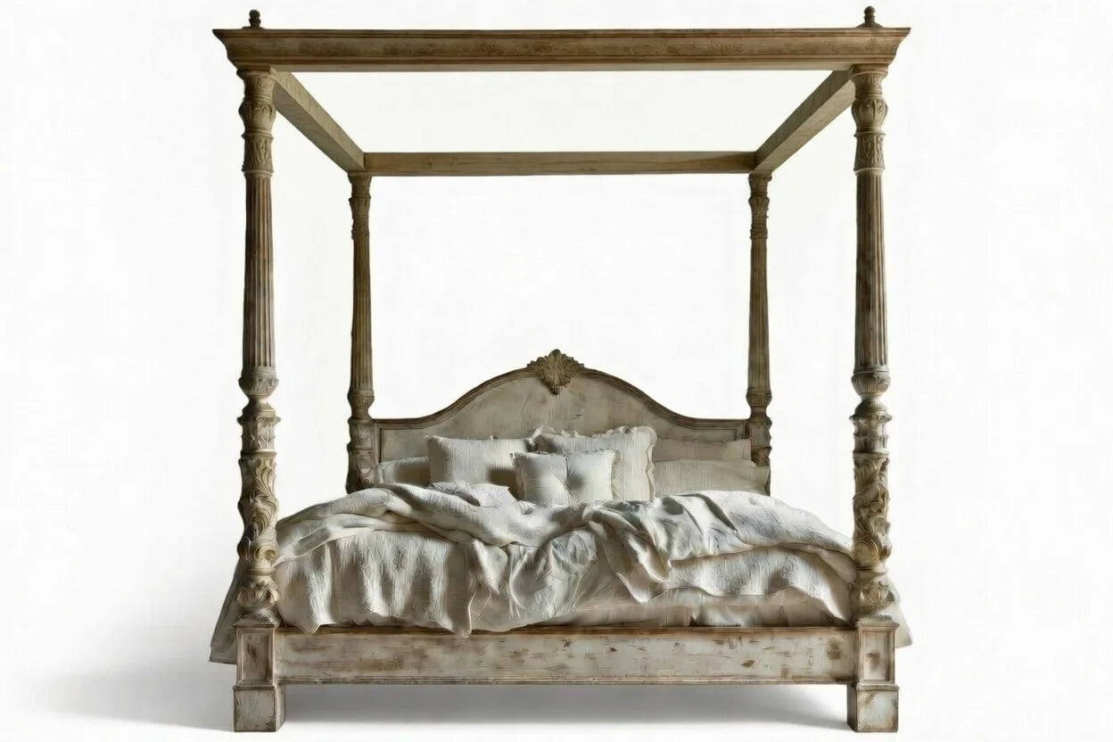 Wooden four-poster bed with bedding on a white background