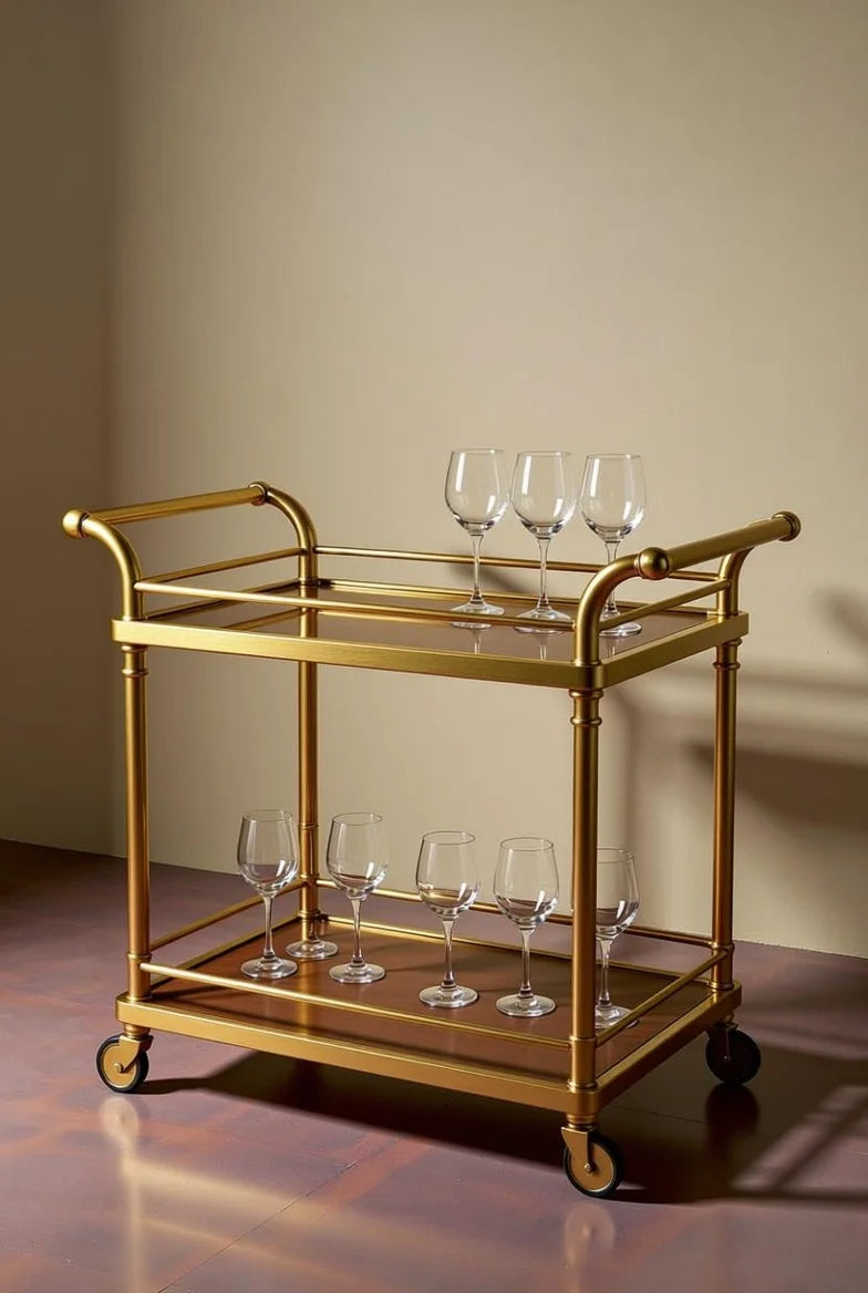 French Empire gold brass bar trolley with two glass shelves, wheeled design, and elegant rococo-inspired frame, luxury serving cart
