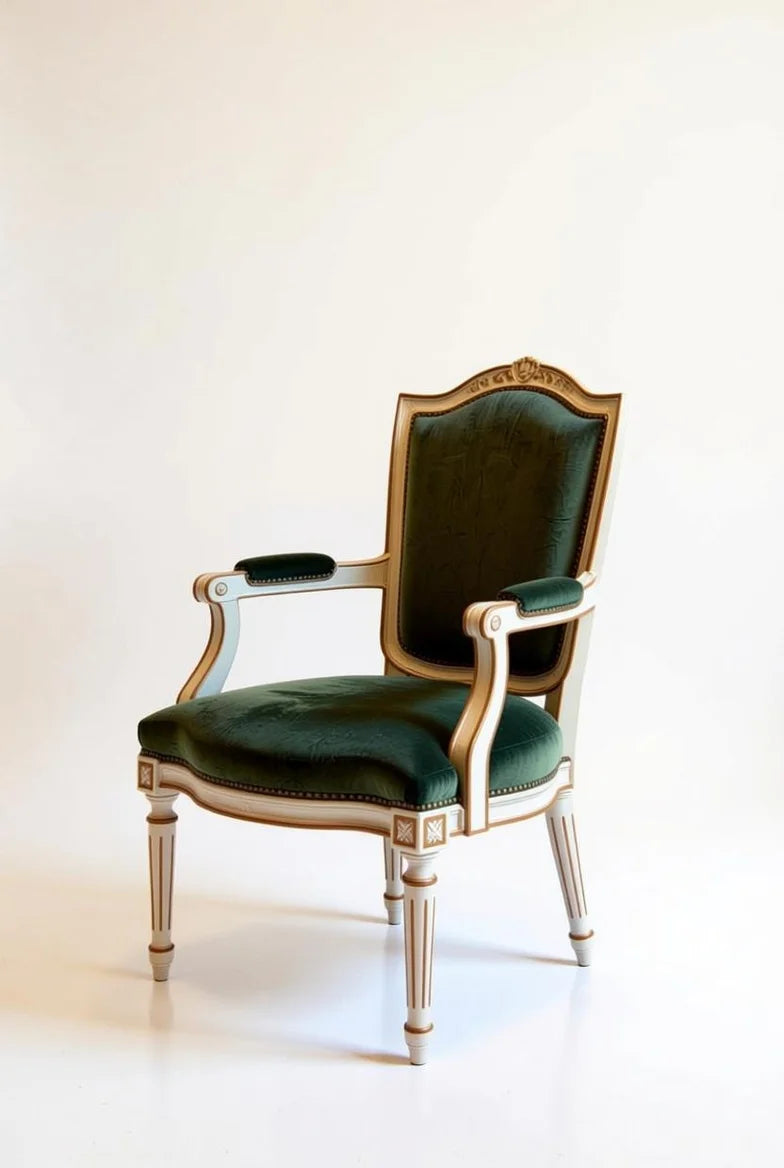Side view of luxury French Empire chair with emerald velvet upholstery, intricate gold leaf carvings, and classical curved backrest