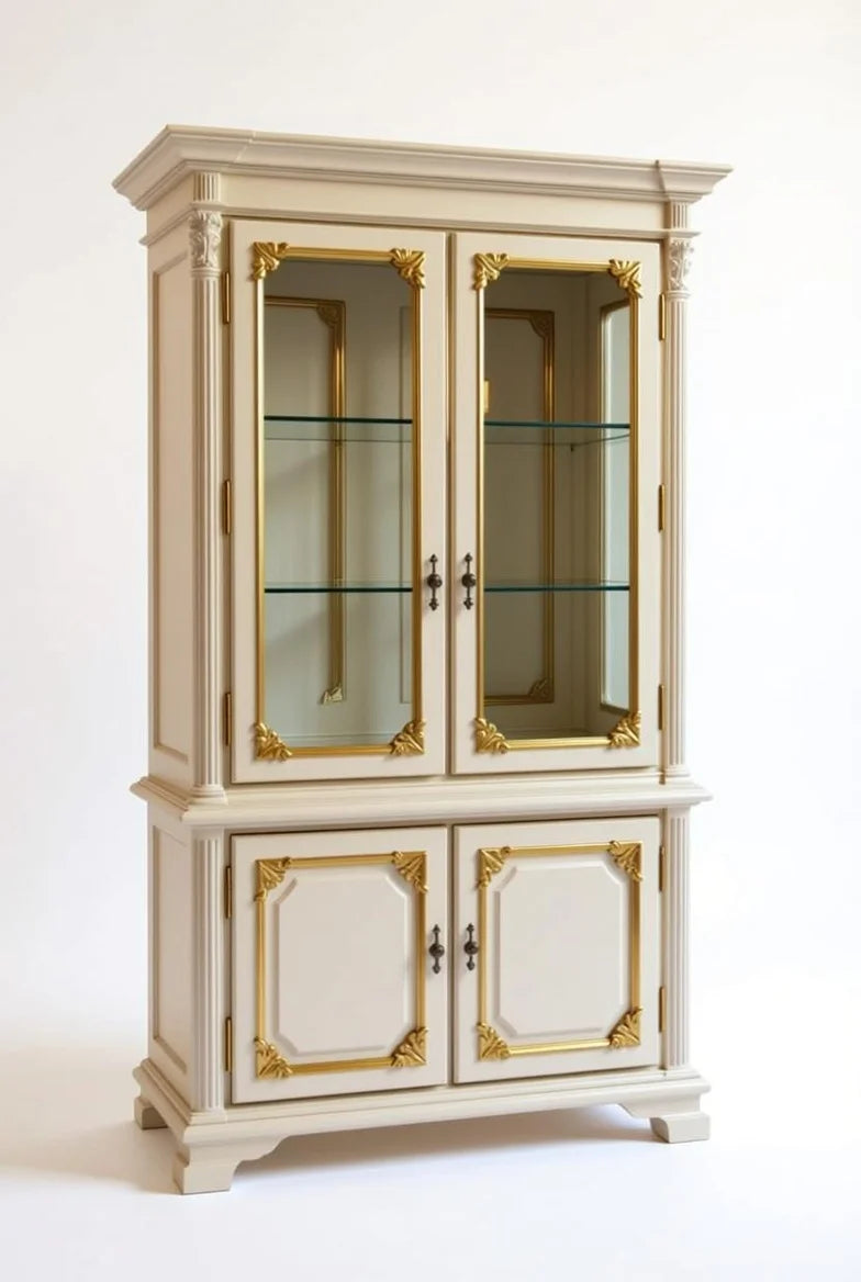 French Empire mahogany display cabinet with gold leaf accents, glass doors, and hand-carved rococo details, heirloom quality storage furniture