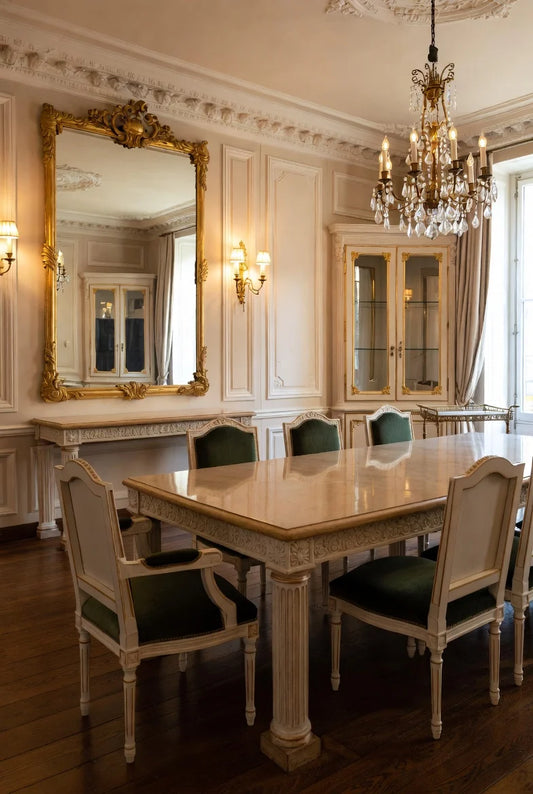 French Empire mahogany dining set with hand-carved gold leaf details, emerald green velvet chairs, and ornate rococo cabinet in luxurious classic dining room