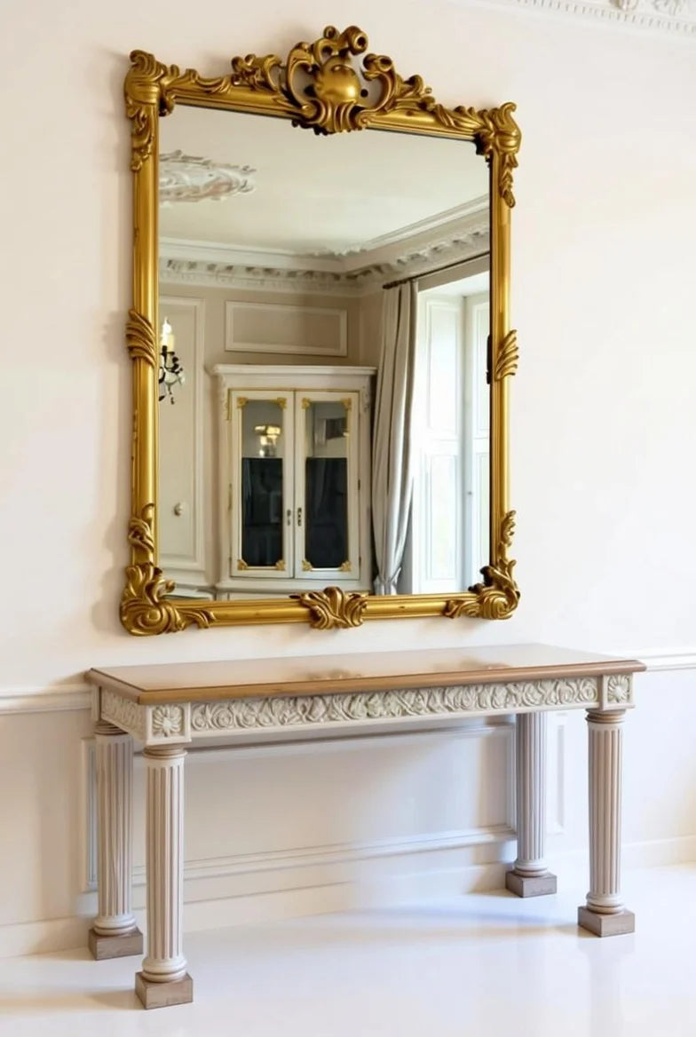 Grand arched gold leaf mirror in French Empire Rococo style with ornate carved frame, placed above matching mahogany console table