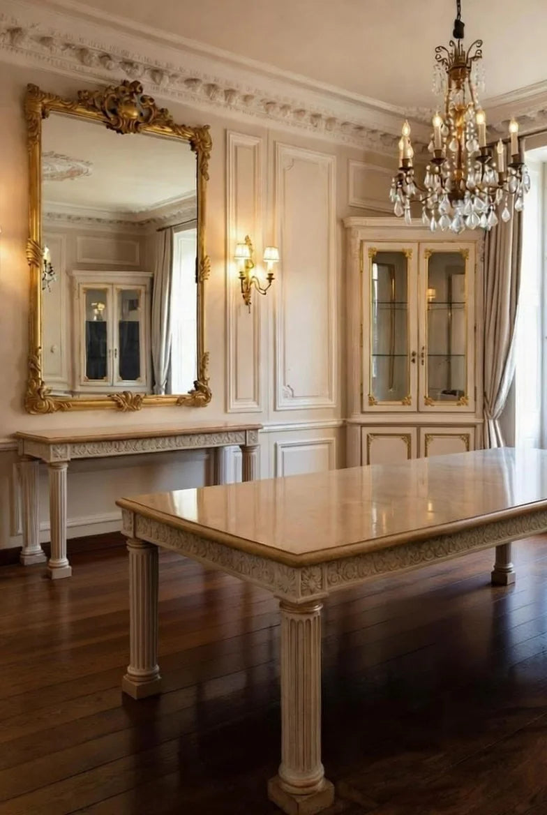 Solid mahogany rectangular dining table in deep rich finish with hand-carved gold leaf trim, French Empire style luxury furniture