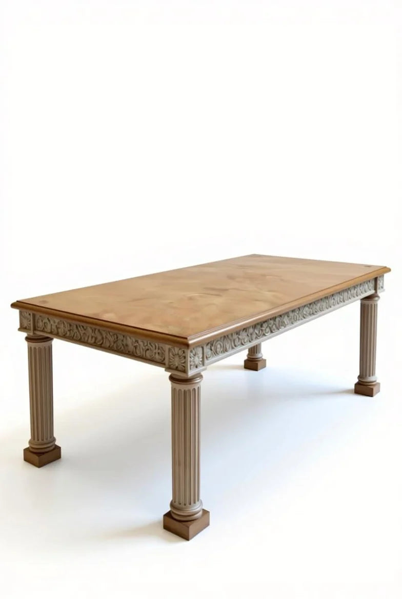 Solid mahogany rectangular dining table in deep rich finish with hand-carved gold leaf trim, French Empire style luxury furniture