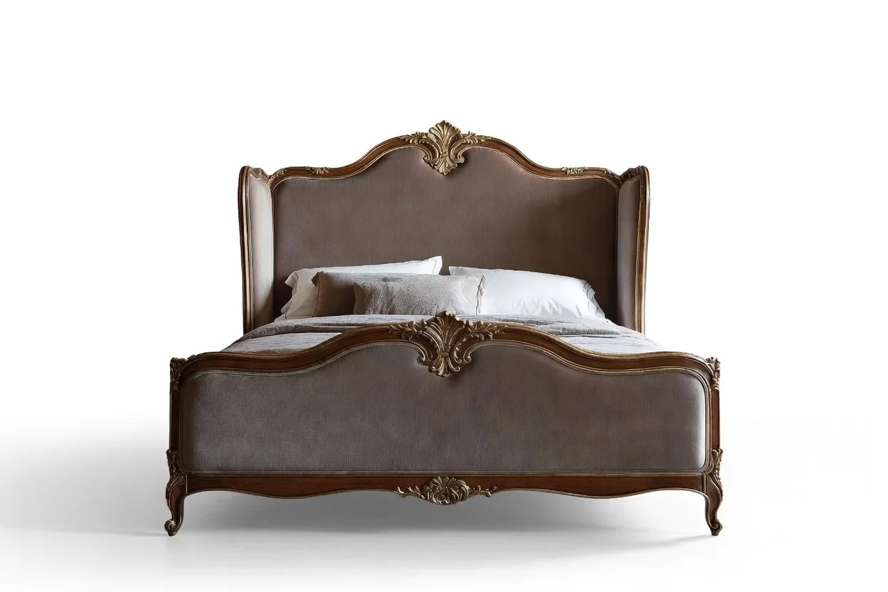 Louis XV French Rococo upholstered bed in solid wood with ornate carvings, classic luxury panel bed frame isolated on white background