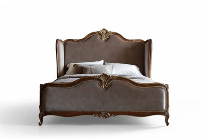 Louis XV French Rococo upholstered bed in solid wood with ornate carvings, classic luxury panel bed frame isolated on white background