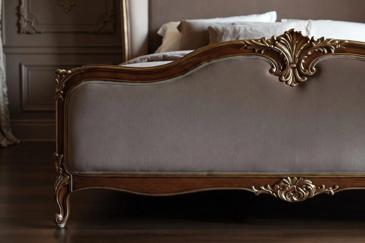 French Louis XV upholstered footboard with intricate hand carving and curved Rococo design, luxury solid wood bed frame detail