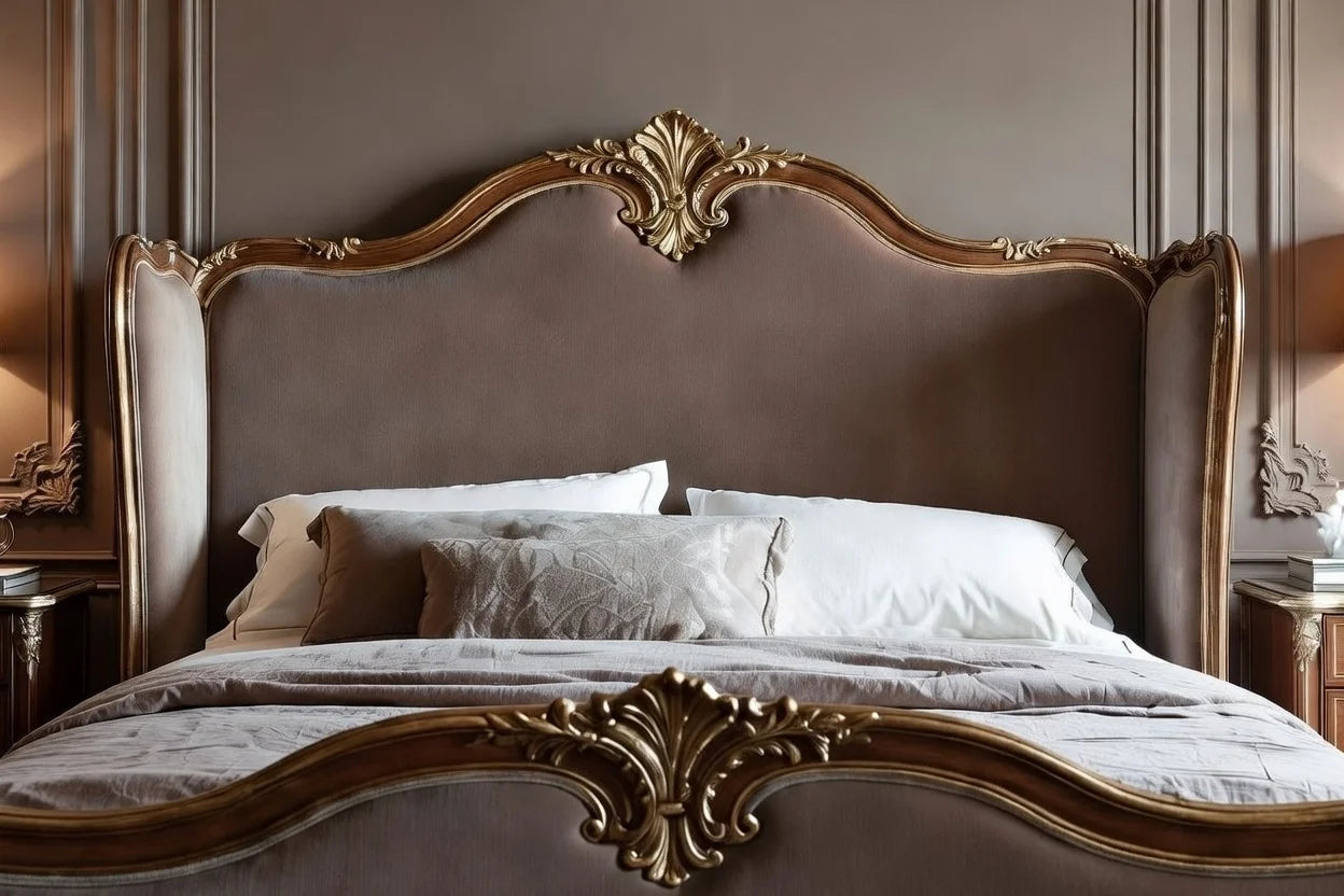 Classic European bedroom featuring French Louis XV royal upholstered bed with matching carved nightstands, luxury Rococo interior