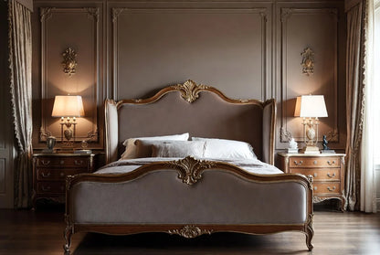 Royal luxury upholstered panel bed with hand-carved solid wood frame, classic European style designer bed for high-end bedrooms