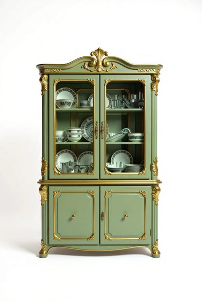 French Louis XV sage green display cabinet with gold leaf carvings, arched glass doors, and ornate rococo details for dining room