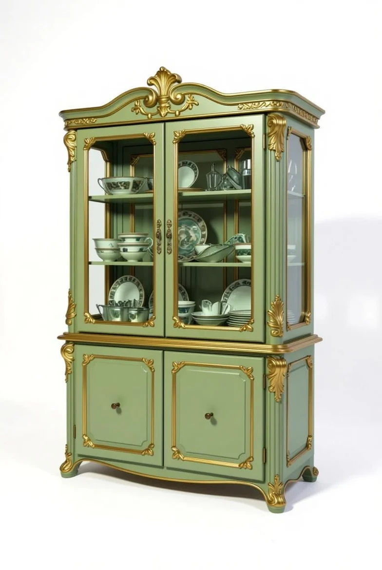 French Louis XV sage green display cabinet with gold leaf carvings, arched glass doors, and ornate rococo details for dining room