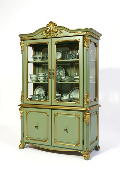 French Louis XV sage green display cabinet with gold leaf carvings, arched glass doors, and ornate rococo details for dining room