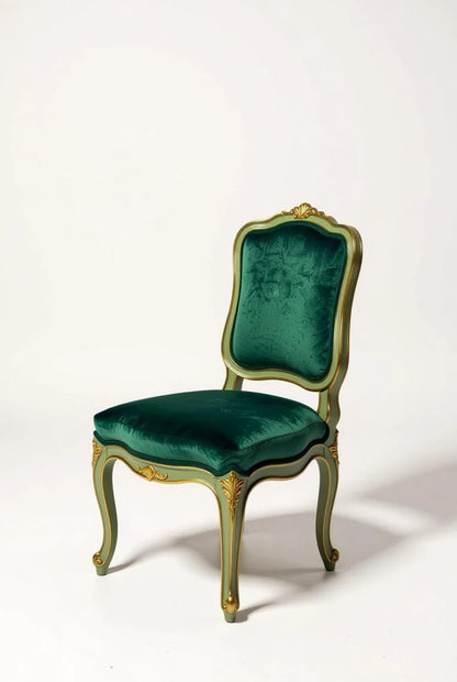 Elegant sage green & gold Louis XV armchair with emerald velvet upholstery, hand-carved rococo details and curved backrest
