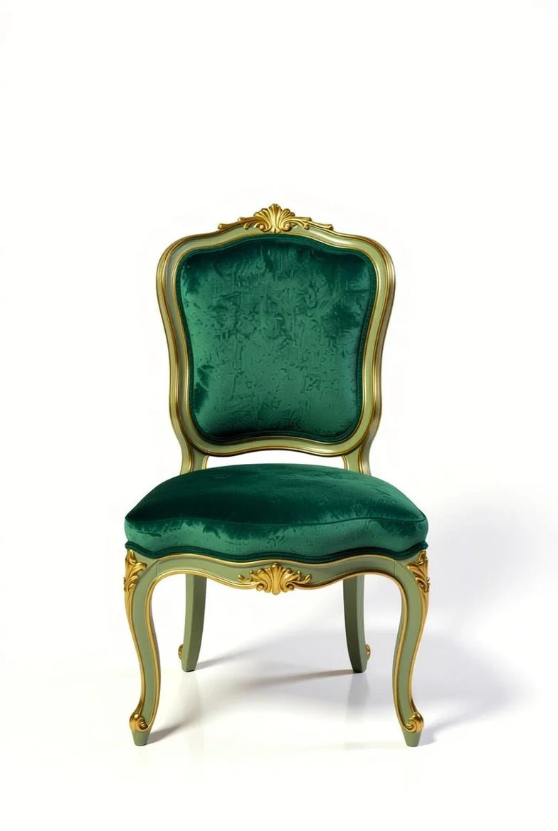 French Louis XV dining chair in emerald green velvet with ornate gold leaf carved frame and cabriole legs, luxurious Rococo style
