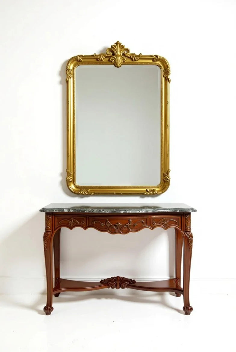 Hand-carved sage green Louis XV console with gold leaf details, green marble top, and elegant rococo cabriole legs, opulent French furniture