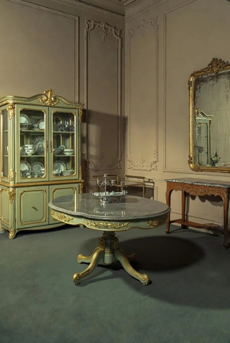 Close-up of Louis XV round marble dining table in sage green with gold leaf trim, rich green marble surface and ornate rococo base