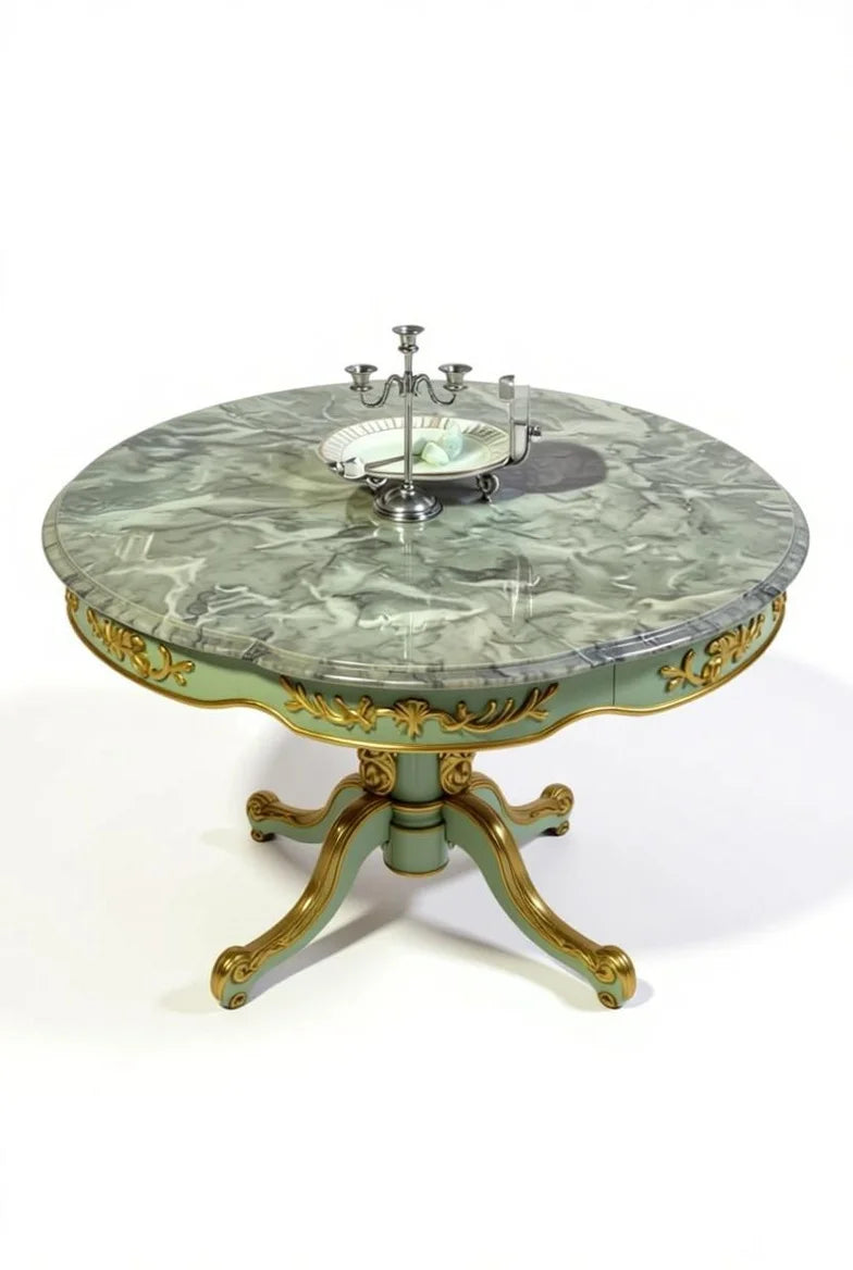 French Louis XV round dining table with real green marble top, ornate gold leaf carved edge, and sculptural rococo pedestal base