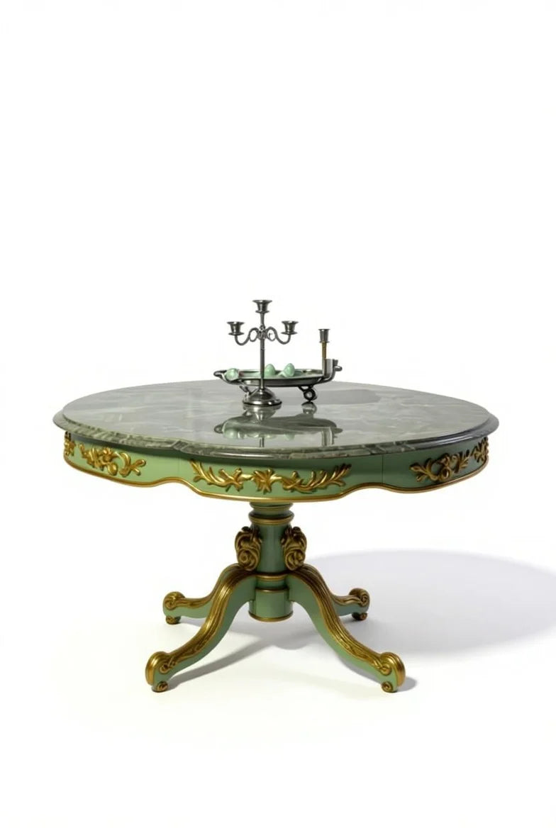 French Louis XV round dining table with real green marble top, ornate gold leaf carved edge, and sculptural rococo pedestal base