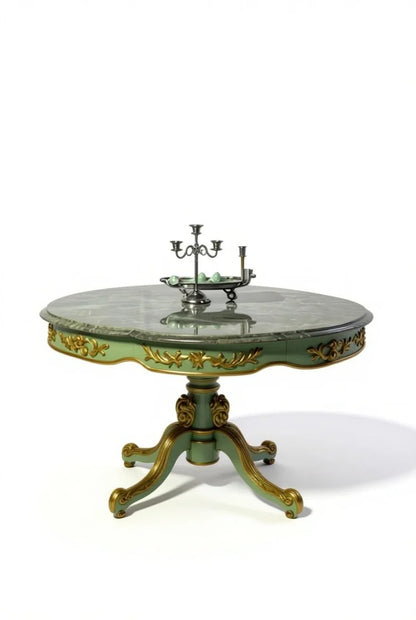 French Louis XV round dining table with real green marble top, ornate gold leaf carved edge, and sculptural rococo pedestal base