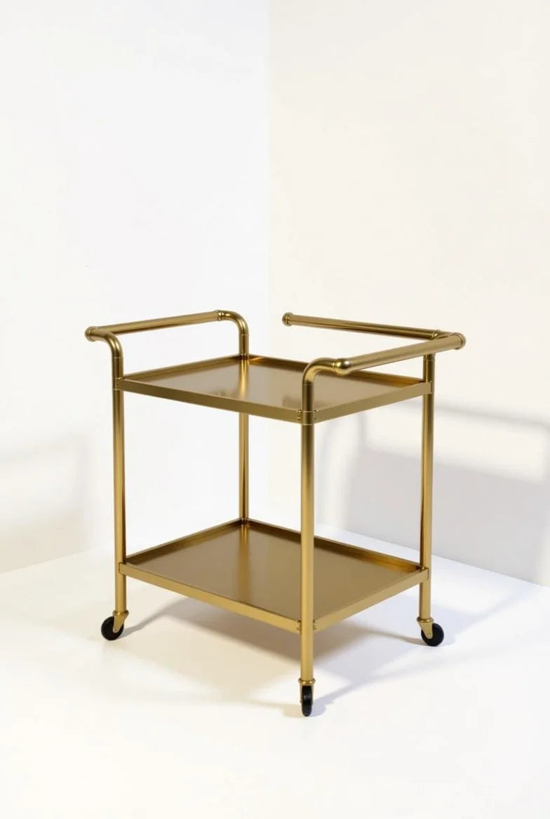 French Louis XV gold brass bar trolley with two glass shelves, wheeled design, elegant rococo-inspired frame, luxury serving cart for dining or living room