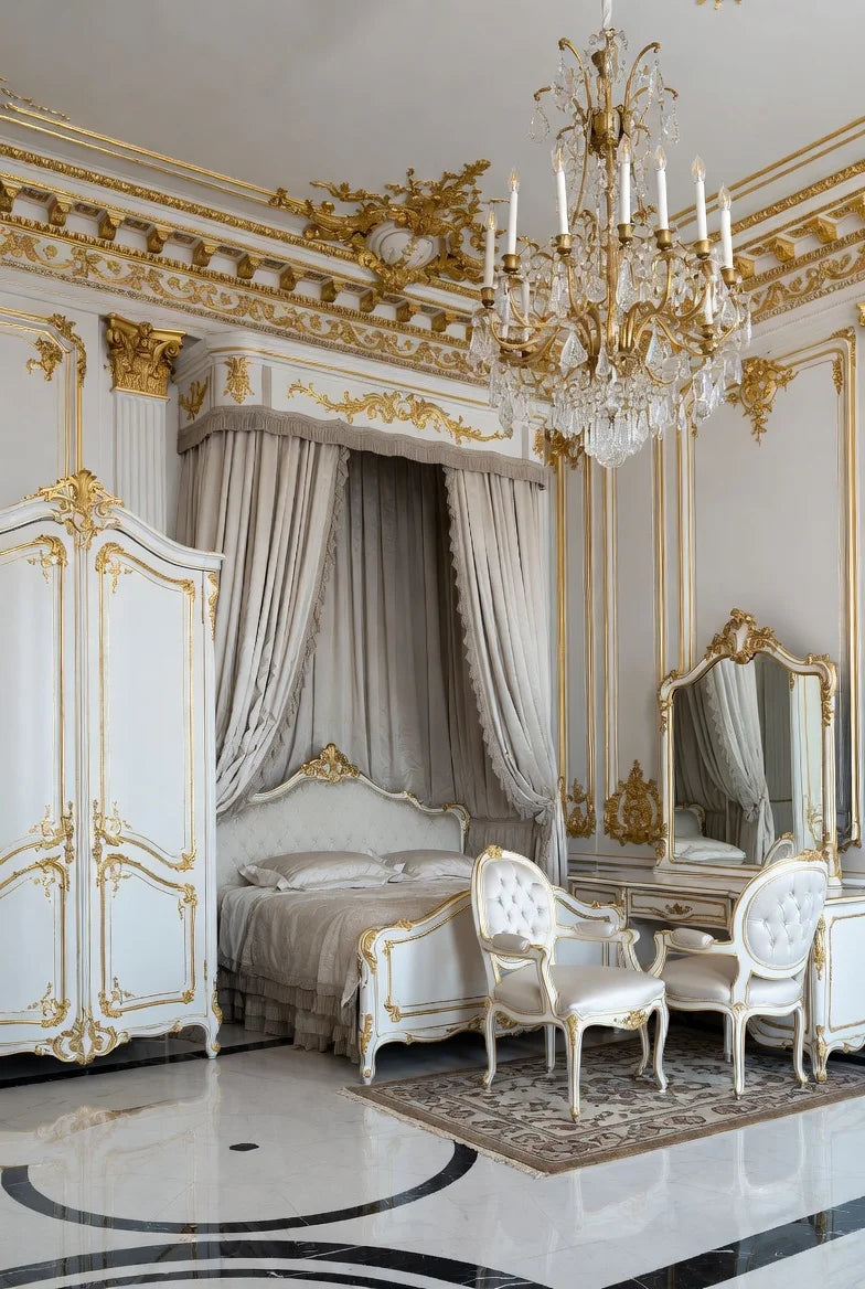 Gilded Palace luxury gold & white French Baroque bedroom set – ornate canopy bed, gilded armoire, vanity and opulent chandelier