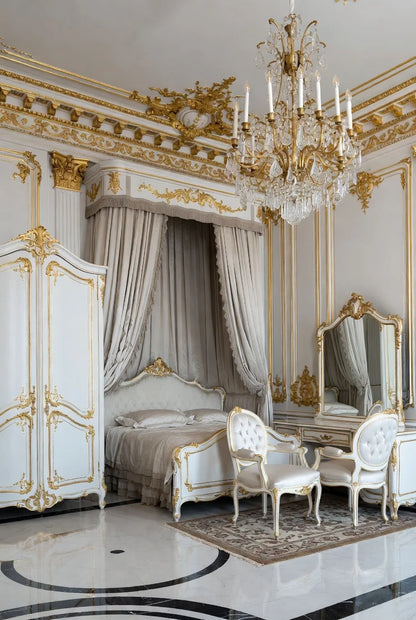 Gilded Palace luxury gold & white French Baroque bedroom set – ornate canopy bed, gilded armoire, vanity and opulent chandelier
