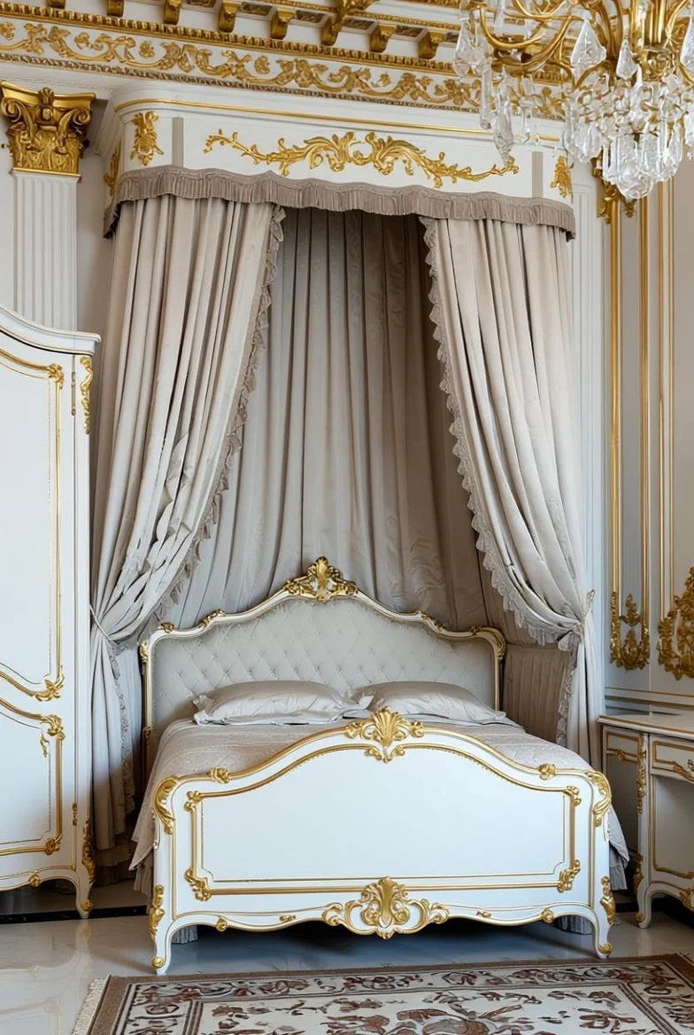 Gilded Palace French Baroque hand-carved canopy bed in luxurious gold & white with draped curtains and crystal chandelier