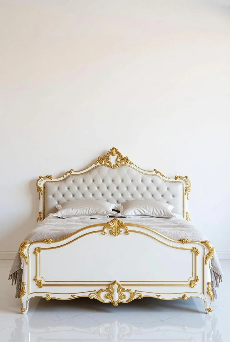 Gilded Palace French Baroque hand-carved canopy bed in luxurious gold & white.