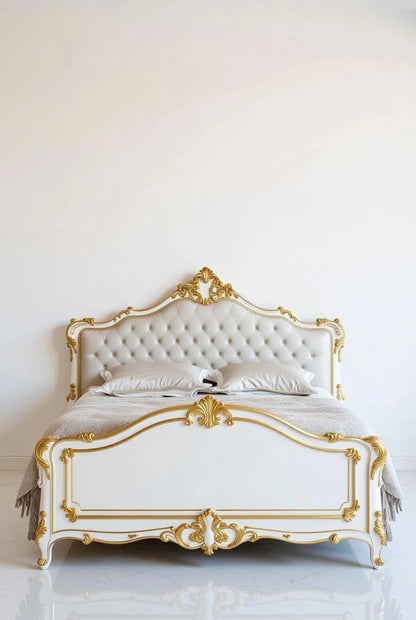 Gilded Palace French Baroque hand-carved canopy bed in luxurious gold & white.