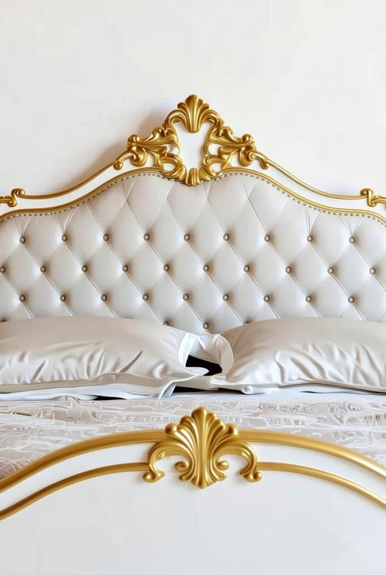 Close-up of intricate gold gilding and ornate carvings on Gilded Palace luxury canopy bed headboard
