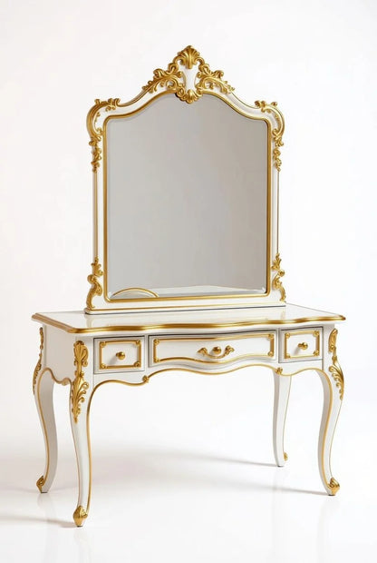 Gilded Palace opulent French Baroque vanity dresser with arched gold mirror and carved gold accents on white base
