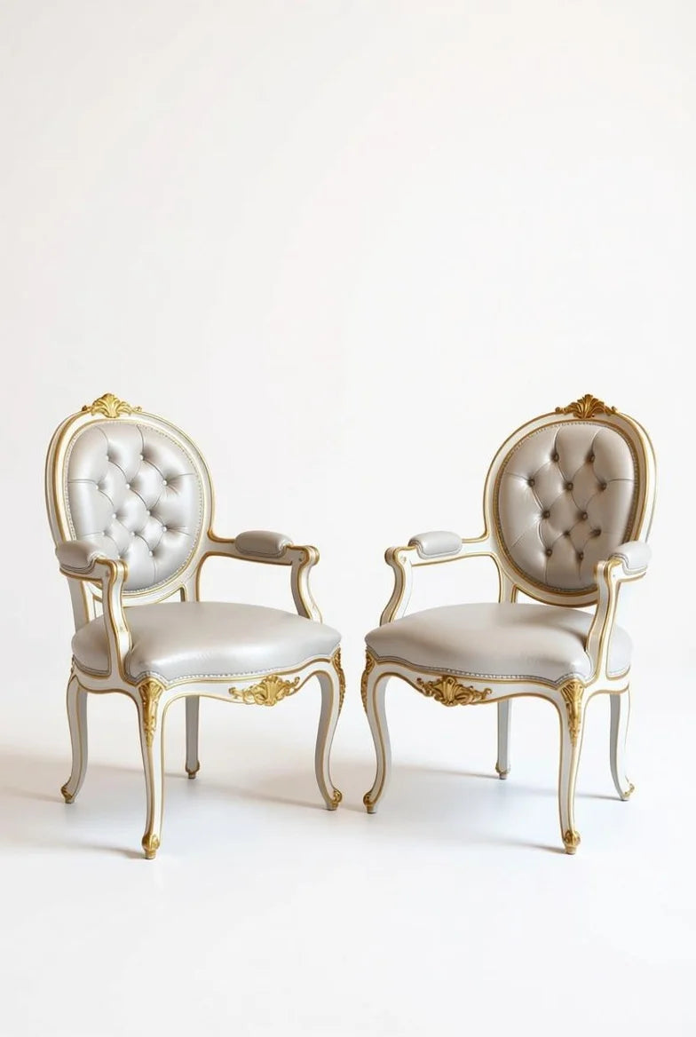 Pair of luxurious Gilded Palace gold & white tufted armchairs with elegant Baroque curves and gold accents