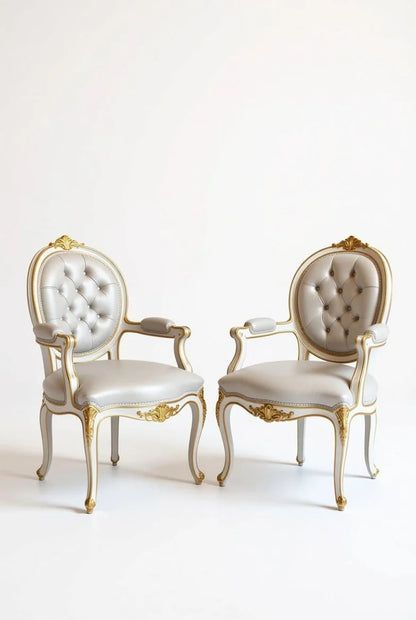 Pair of luxurious Gilded Palace gold & white tufted armchairs with elegant Baroque curves and gold accents