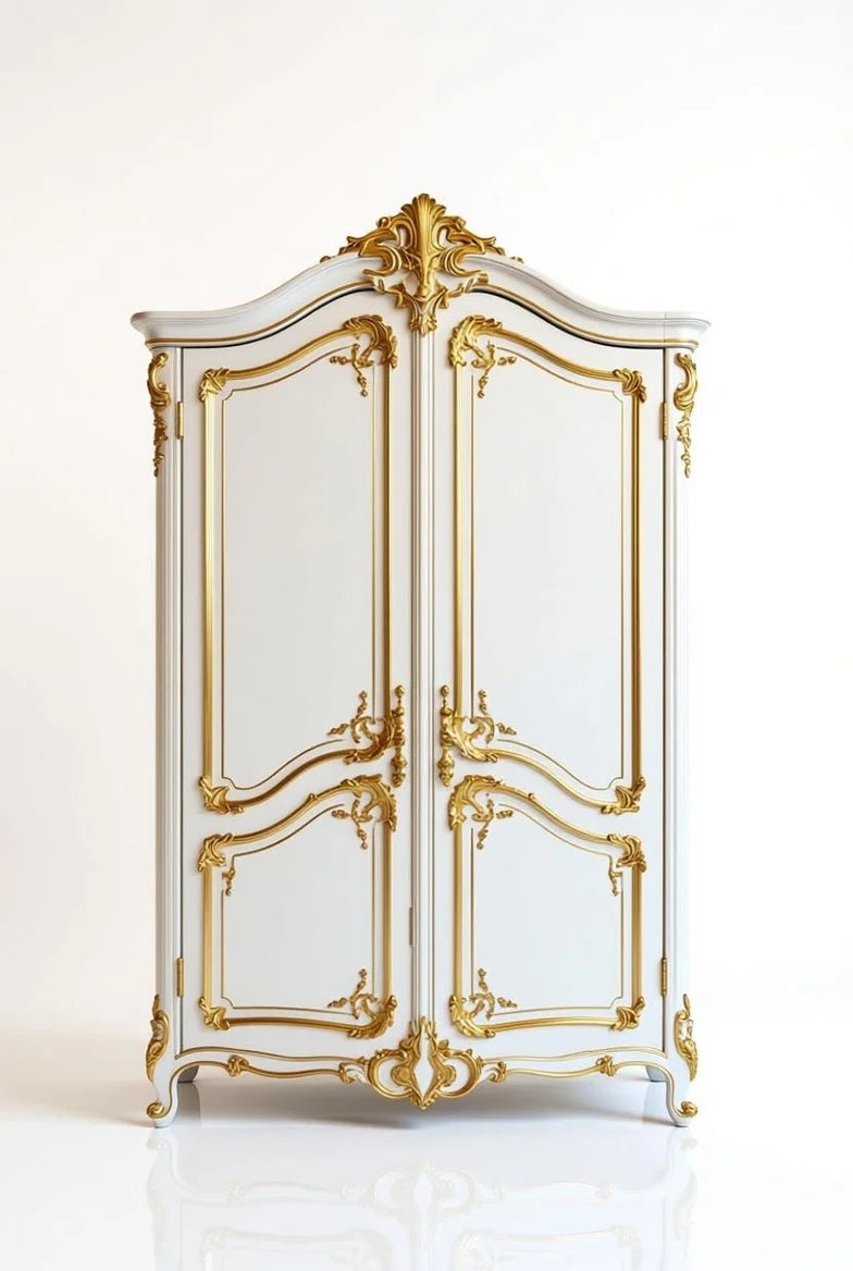 Gilded Palace grand French Baroque armoire in gold & white with arched crown, mirrored doors and intricate gold carvings